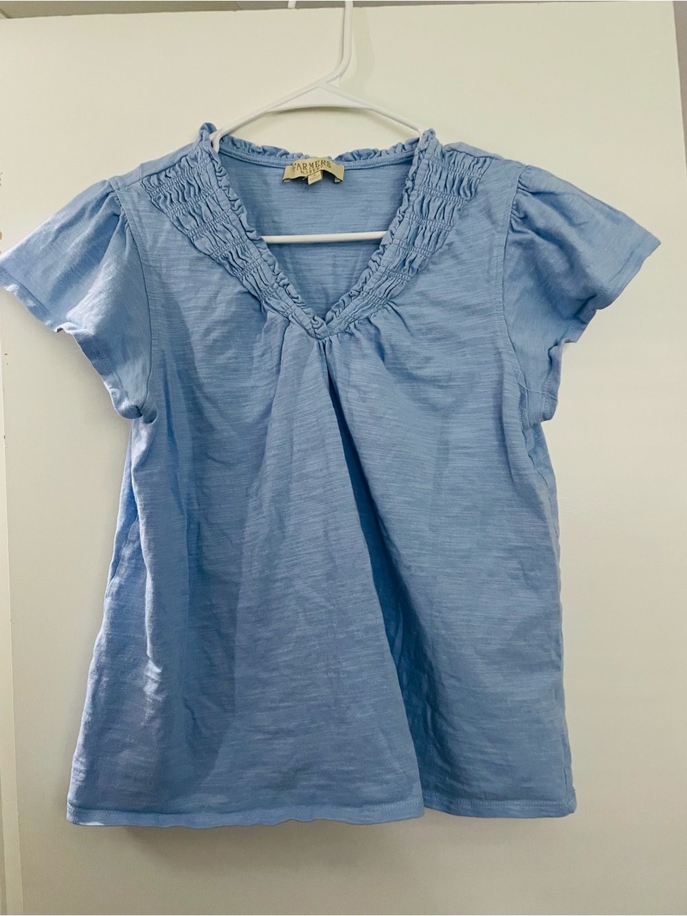 Light Blue Smocked V-Neck Short Sleeve Blouse